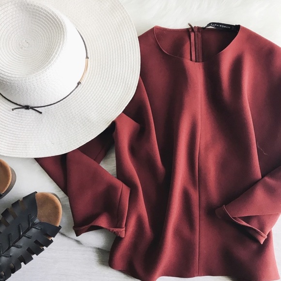 Zara Tops - Zara Long Sleeve Cropped Maroon Blouse